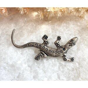 Lizard Figural Textured Large Peruvian Made Sterling Silver Vintage Brooch